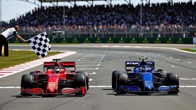 Formula 1 Race Finish, Chequered Flag - Two Formula 1 race cars sprint across the finish line, a checkered flag is waved by an official. A large crowd watches from the stands.