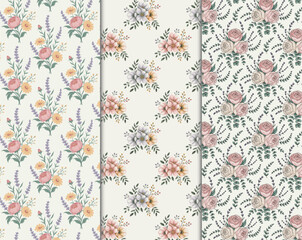 Seamless Pattern of Various Floral and Botanical Elements in Pastel Colors