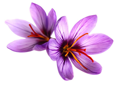 Two purple saffron flowers with orange stigmas isolated on a transparent background