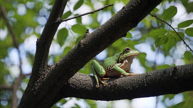 Stunning Tree Frog Perched Gracefully Amongst Lush Green Leaves, Ideal for Naturefocused Projects or Tranquil Branding, Evokes a Sense of Peace and Harmony.