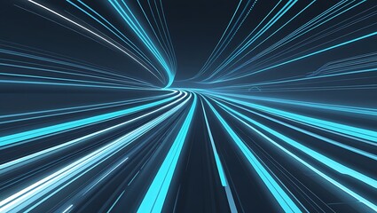 A high-tech futuristic background with glowing blue and cyan light trails streaming into the distance on a dark gradient, resembling digital highways that symbolize innovation and progress.