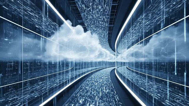 Futuristic Cloud Computing Data Center Corridor - A digital video depicts a curved corridor lined with translucent screens displaying streams of data, with a cloud formation floating centrally,