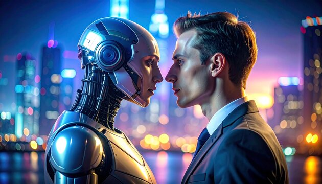 Romantic futuristic scene of a male human and female robot sharing a tender kiss in a neon-lit cityscape at night, cinematic shot with dramatic lighting highlighting love and intimacy