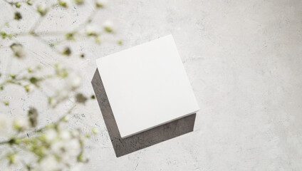 White square box on a light textured background with gypsophila flowers and shadows.