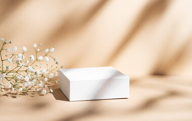 White square box on a beige background with gypsophila flowers and soft shadows.