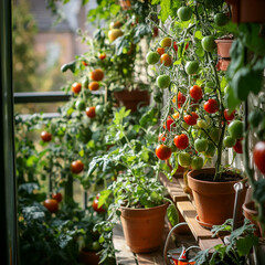 Lush tomato plants growing in pots on a sunny balcony garden  