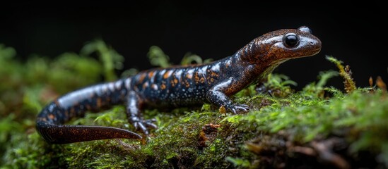 Obraz premium Striking Salamander on Mossy Log in Dark Forest Environment