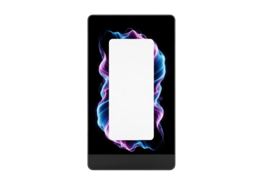 Ultra-thin, deep black obsidian digital display frame, glossy, with vibrant, ethereal, dynamic glow of abstract light patterns against stark white studio background. Futuristic technological artifact