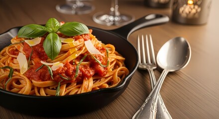 A delicious plate of spaghetti with tomato sauce and basil, served in a cast iron skillet with silverware on the side.