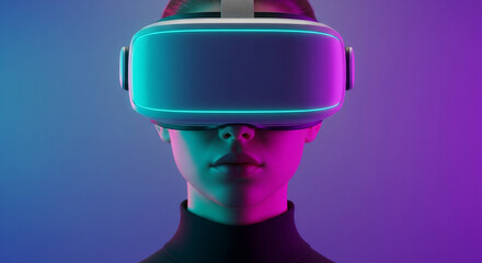 "Immersed in Neon: A Futuristic Woman Exploring Virtual Reality" — technology blog visuals, VR product campaigns, digital art showcases, sci-fi magazine covers, educational materials on VR