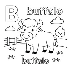 Coloring page featuring a buffalo with the letter b and the word buffalo in a simple outdoor scene