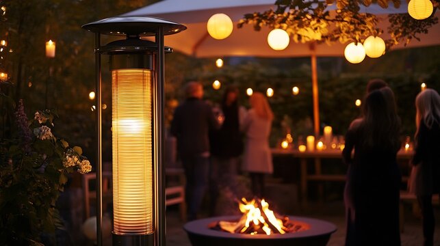 Patio heater in a garden space with ambient lighting from lanterns and candles as people gather around a fire pit while the heater provides warmth on a chilly fall evening under the moonlight