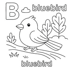 Coloring page of a bluebird with letter b, cloud, trees, grass, and branches in black and white