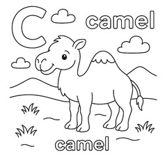 Coloring page featuring a camel with the letter c clouds and landscape in a simple line drawing style