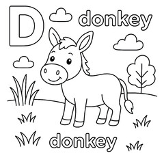Coloring page featuring a donkey with the letter d clouds and grass in a simple cartoon style