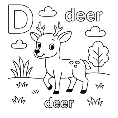 Coloring page featuring a cartoon deer with the letter d clouds grass and a tree in black and white