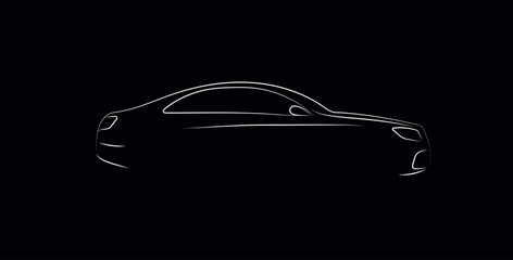 Minimalistic white outline of a modern luxury car silhouette on a black background, showcasing sleek lines and an elegant, streamlined design