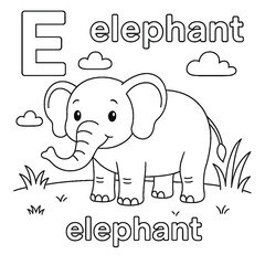Illustration of a coloring page with the letter e and an elephant with clouds and grass design