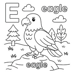 Coloring page of an eagle standing on a rock with letter e and trees and clouds in the background