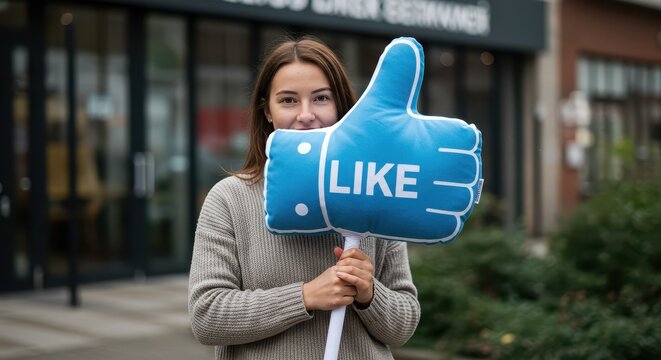 Thumbs up Expression: A young woman holds a vibrant Like sign. conveying positivity and endorsement, in a relatable moment of social connection.