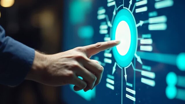 Developer touching virtual interface. Agile software development or project management using kanban or scrum methodology boards on screen. Process, workflow, visual organization.