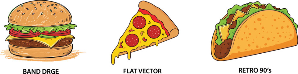 Hamburger, pizza slice, taco illustration in band drge, flat vector, retro 90s style, food art, design comparison concept