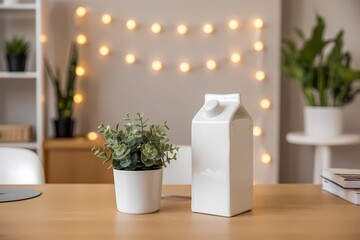 Still life featuring a small potted plant and a ceramic milk carton on a wooden desk surface lit by lights