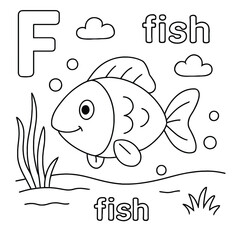 A black and white coloring page featuring the letter f, a fish, clouds, bubbles, and underwater plants