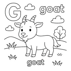 Coloring page featuring a goat with the letter g, clouds, grass, and a small tree in a simple scene