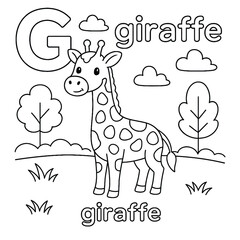 Coloring page of a giraffe with the letter g, trees, clouds, and the word giraffe in outline