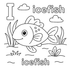 Coloring page featuring an icefish with letter i, clouds, and aquatic plants in black and white outline