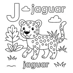 Illustration of a jaguar with spots, letter j, clouds, and grass in a coloring book style image