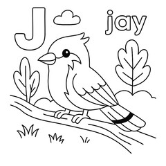 Coloring page of a jay bird with the letter j and simple nature elements in a cartoon style design