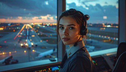 Portrait of an air traffic controller officer in the control tower with flickering lights and airplanes maneuvering in the background; cinematic, dramatic lighting, focused, professional scene