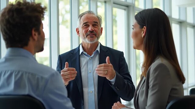 Mature 60s leader ceo company boss give helpful information to young diverse professionals teach them provide knowledge share ideas and strategic plans motivating to fruitful work,.