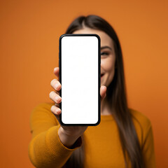A beautiful smiling woman holding a smartphone with a white screen, close to the camera, against an orange background.