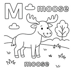 Naklejka premium Coloring page featuring a moose with letter m clouds and a tree in a simple landscape design