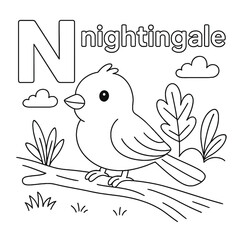 Coloring page with a nightingale perched on a branch next to the letter n and the word nightingale