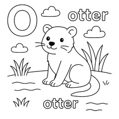 Coloring page featuring an otter with the letter o clouds and grass in a simple black and white style