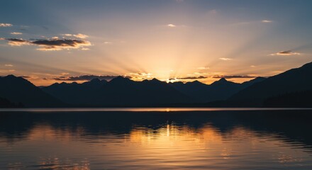 Fototapeta premium Sunrise over calm lake and mountains