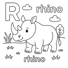 Coloring page featuring the letter r rhino clouds grass and a tree in a simple black and white style