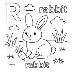 Coloring page featuring a rabbit with a carrot, the letter r, clouds, and grass outlines for children