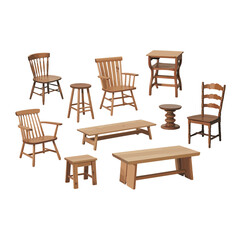 Collection of rustic wooden chairs stools and benches isolated on white background