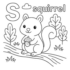 Coloring page featuring a squirrel with an acorn, the letter s, and the word squirrel outlined