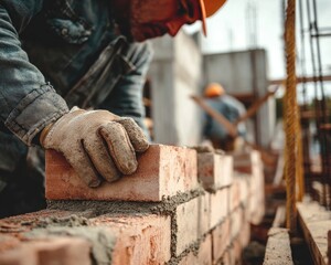 Construction Worker Laying Bricks on a Building Site in Daylight