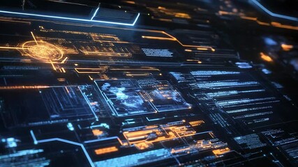 Futuristic digital interface with glowing data panels - Powered by Adobe