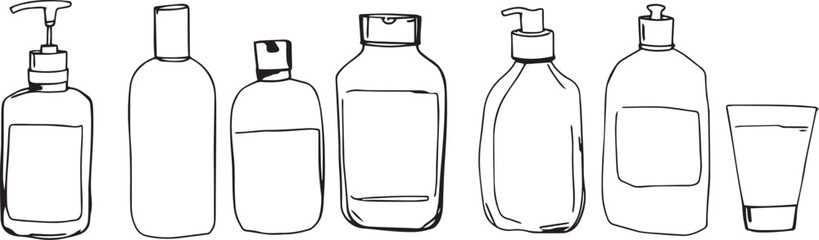 A set of cosmetic containers. Jars, vials, bottles, tubes. Hand drawn vector illustration