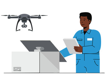 A technician oversees a drone inspecting a shipping container. A professional man reviews data on a tablet, showcasing drone technology and logistics. Modern, clean, and focused.