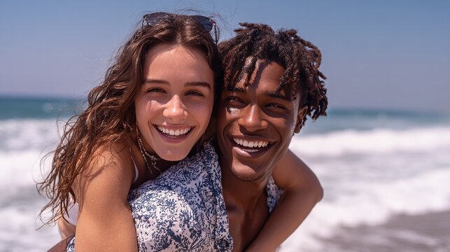 Cheerful Couple Enjoying a Piggyback Ride on the Beach. Smiling faces and sunny skies capture the joy of summer and seaside fun. - Powered by Adobe