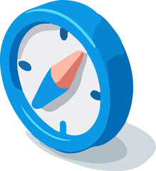 Fototapeta premium Isometric blue compass icon with a white face and a red needle, casting a shadow, representing navigation and direction.